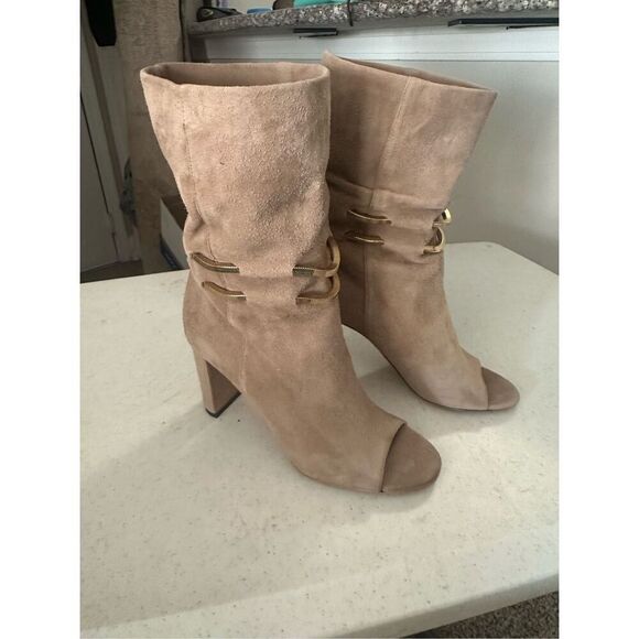 Jimmy Choo Women's Tan Mysen Suede Peep Toe Ankle Boots Size 37 - Picture 10 of 11